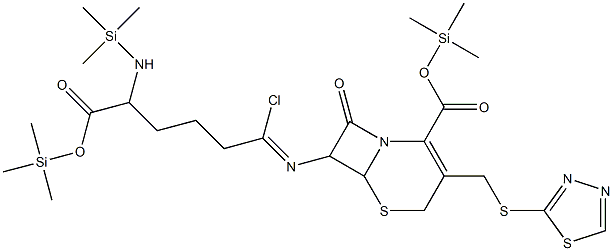 7-[1-Chloro-5-(trimethylsilylamino)-5-(trimethylsilyloxycarbonyl)pentylideneamino]-8-oxo-3-(1,3,4-thiadiazol-2-ylthiomethyl)-5-thia-1-azabicyclo[4.2.0]oct-2-ene-2-carboxylic acid trimethylsilyl ester 结构式