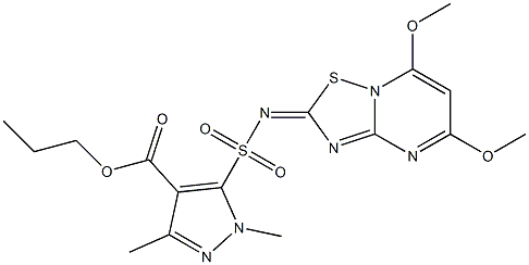 1,3-Dimethyl-5-[(5,7-dimethoxy-2H-[1,2,4]thiadiazolo[2,3-a]pyrimidin-2-ylidene)sulfamoyl]-1H-pyrazole-4-carboxylic acid propyl ester 结构式