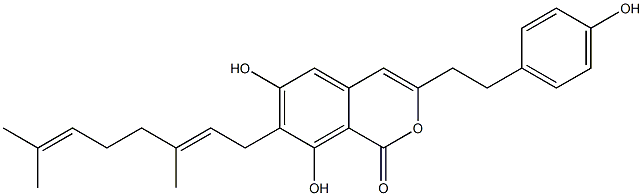 7-[(2E)-3,7-Dimethyl-2,6-octadienyl]-6,8-dihydroxy-3-[2-(4-hydroxyphenyl)ethyl]-1H-2-benzopyran-1-one 结构式