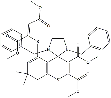 1',3'-Dibenzyl-7,8-dihydro-5-[[(Z)-1,2-bis(methoxycarbonyl)ethenyl]thio]-7,7-dimethylspiro[4H-[1]benzothiopyran-4,2'-imidazolidine]-2,3-dicarboxylic acid dimethyl ester 结构式