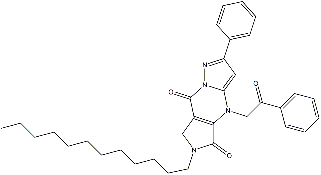 6,7-Dihydro-6-dodecyl-4-(2-oxo-2-phenylethyl)-2-phenyl-4H-1,4,6,8a-tetraaza-s-indacene-5,8-dione 结构式