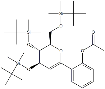 (4R,5R,6R)-5,6-Dihydro-2-(2-acetyloxyphenyl)-4,5-bis(tert-butyldimethylsilyloxy)-6-(tert-butyldimethylsilyloxymethyl)-4H-pyran 结构式