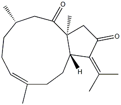 (3aS,6S,9E,12aR)-3,3a,6,7,8,11,12,12a-Octahydro-3a,6,10-trimethyl-1-(1-methylethylidene)cyclopentacycloundecene-2,4(1H,5H)-dione 结构式