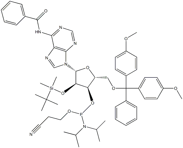 N-Benzoyl-2'-O-(tert-butyldimethylsilyl)-3'-O-[(2-cyanoethoxy)(diisopropylamino)phosphino]-5'-O-(4,4'-dimethoxytrityl)adenosine 结构式