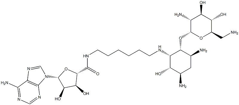 (2S,3S,4R,5R)-5-(6-AMINO-9H-PURIN-9-YL)-N-(6-((1S,2R,3S,5R,6S)-3,5-DIAMINO-2-((2S,3R,4R,5S,6R)-3-AMINO-6-(AMINOMETHYL)-4,5-DIHYDROXYTETRAHYDRO-2H-PYRAN-2-YLOXY)-6-HYDROXYCYCLOHEXYLAMINO)HEXYL)-3,4-DIHYDROXYTETRAHYDROFURAN-2-CARBOXAMIDE 结构式