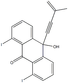 1,8-diiodo-10-hydroxy-10-(3-methylbut-3-en-1-ynyl)anthracen-9(10H)-one 结构式