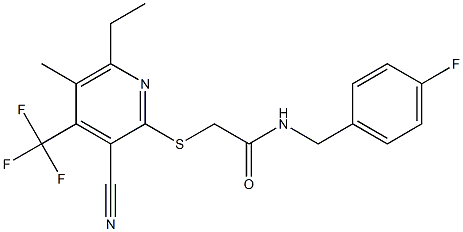 2-{[3-cyano-6-ethyl-5-methyl-4-(trifluoromethyl)-2-pyridinyl]sulfanyl}-N-(4-fluorobenzyl)acetamide 结构式