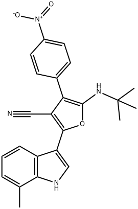 3-Furancarbonitrile,  5-[(1,1-dimethylethyl)amino]-2-(7-methyl-1H-indol-3-yl)-4-(4-nitrophenyl)- 结构式