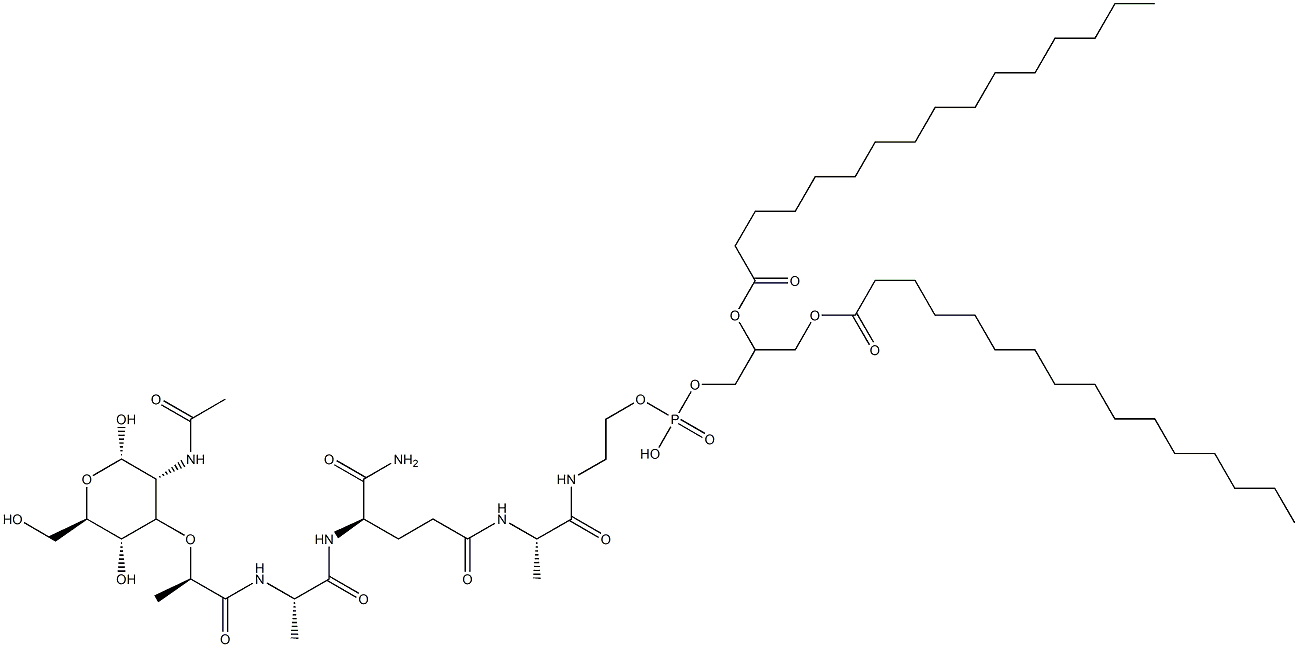 2-[[(2S)-2-[[(4R)-4-[[(2S)-2-[[(2R)-2-[(2S,3R,4R,5S,6R)-3-acetamido-2,5-dihydroxy-6-(hydroxymethyl)oxan-4-yl]oxypropanoyl]amino]propanoyl]amino]-4-carbamoyl-butanoyl]amino]propanoyl]amino]ethoxy-(2,3-dihexadecanoyloxypropoxy)phosphinic acid 结构式