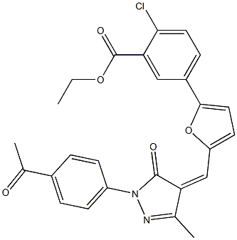 ethyl 5-(5-{[1-(4-acetylphenyl)-3-methyl-5-oxo-1,5-dihydro-4H-pyrazol-4-ylidene]methyl}-2-furyl)-2-chlorobenzoate 结构式