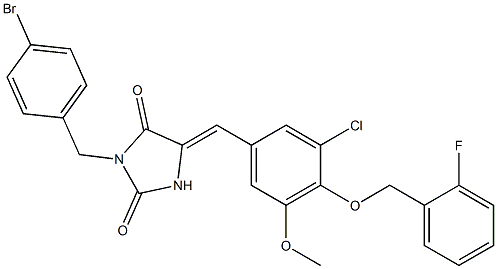 3-(4-bromobenzyl)-5-{3-chloro-4-[(2-fluorobenzyl)oxy]-5-methoxybenzylidene}-2,4-imidazolidinedione 结构式