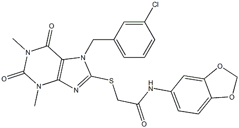 N-(1,3-benzodioxol-5-yl)-2-{[7-(3-chlorobenzyl)-1,3-dimethyl-2,6-dioxo-2,3,6,7-tetrahydro-1H-purin-8-yl]sulfanyl}acetamide 结构式