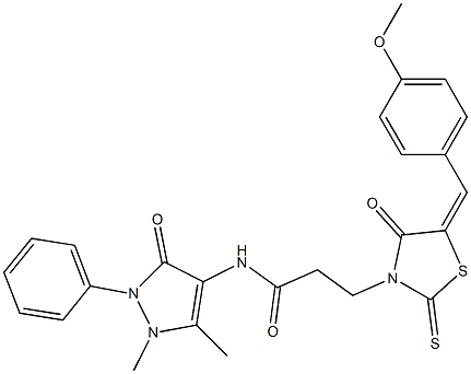 N-(1,5-dimethyl-3-oxo-2-phenyl-2,3-dihydro-1H-pyrazol-4-yl)-3-[5-(4-methoxybenzylidene)-4-oxo-2-thioxo-1,3-thiazolidin-3-yl]propanamide 结构式