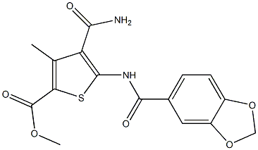 methyl 4-(aminocarbonyl)-5-[(1,3-benzodioxol-5-ylcarbonyl)amino]-3-methyl-2-thiophenecarboxylate 结构式