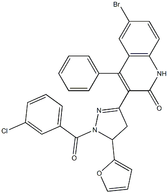 6-bromo-3-[1-(3-chlorobenzoyl)-5-(2-furyl)-4,5-dihydro-1H-pyrazol-3-yl]-4-phenyl-2(1H)-quinolinone 结构式