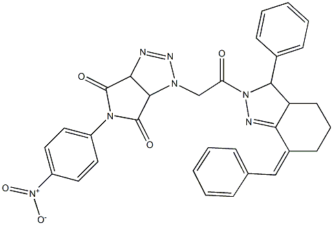 1-[2-(7-benzylidene-3-phenyl-3,3a,4,5,6,7-hexahydro-2H-indazol-2-yl)-2-oxoethyl]-5-{4-nitrophenyl}-3a,6a-dihydropyrrolo[3,4-d][1,2,3]triazole-4,6(1H,5H)-dione 结构式