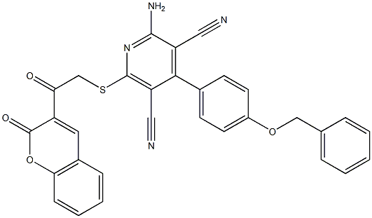 2-amino-4-[4-(benzyloxy)phenyl]-6-{[2-oxo-2-(2-oxo-2H-chromen-3-yl)ethyl]sulfanyl}-3,5-pyridinedicarbonitrile 结构式