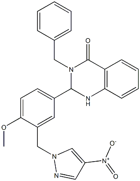 2-[3-({4-nitro-1H-pyrazol-1-yl}methyl)-4-(methyloxy)phenyl]-3-(phenylmethyl)-2,3-dihydroquinazolin-4(1H)-one 结构式