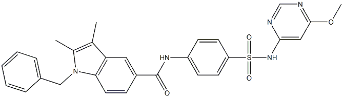 1-benzyl-N-(4-{[(6-methoxy-4-pyrimidinyl)amino]sulfonyl}phenyl)-2,3-dimethyl-1H-indole-5-carboxamide 结构式