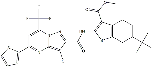 methyl 6-tert-butyl-2-({[3-chloro-5-(2-thienyl)-7-(trifluoromethyl)pyrazolo[1,5-a]pyrimidin-2-yl]carbonyl}amino)-4,5,6,7-tetrahydro-1-benzothiophene-3-carboxylate 结构式