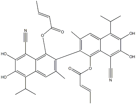 1,1'-Bis(2-butenoyloxy)-6,6',7,7'-tetrahydroxy-5,5'-diisopropyl-3,3'-dimethyl-2,2'-binaphthalene-8,8'-dicarbonitrile 结构式