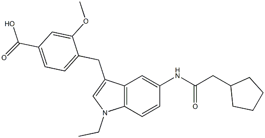 4-[5-Cyclopentylacetylamino-1-ethyl-1H-indol-3-ylmethyl]-3-methoxybenzoic acid 结构式