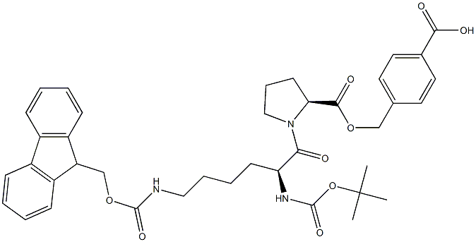 4-[[[N-[N2-(tert-Butoxycarbonyl)-N6-(9H-fluoren-9-ylmethoxycarbonyl)-L-lysyl]-L-prolyl]oxy]methyl]benzoic acid 结构式