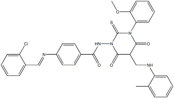 4-(2-Chlorobenzylideneamino)-N-[[hexahydro-4,6-dioxo-2-thioxo-3-(2-methoxyphenyl)-5-(2-methylphenylaminomethyl)pyrimidin]-1-yl]benzamide 结构式