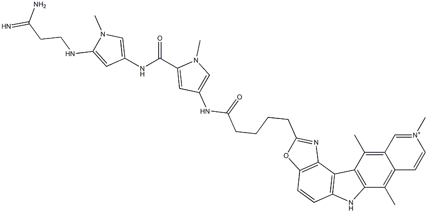 7,10,12-Trimethyl-2-[4-[[5-[[1-methyl-5-[(3-amino-3-iminopropyl)amino]-1H-pyrrol-3-yl]aminocarbonyl]-1-methyl-1H-pyrrol-3-yl]aminocarbonyl]butyl]-6H-oxazolo[4,5-g]pyrido[4,3-b]carbazol-10-ium 结构式