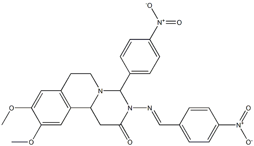 3-(4-Nitrobenzylideneamino)-4-(4-nitrophenyl)-9,10-dimethoxy-1,3,4,6,7,11b-hexahydro-2H-pyrimido[6,1-a]isoquinolin-2-one 结构式