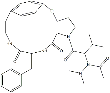 13-Benzyl-1-[2-[(dimethylamino)acetylamino]-3-methylbutyryl]-2,3,3a,13,14,15a-hexahydro-5,8-ethenopyrrolo[3,2-b][1,5,8]oxadiazacyclotetradecine-12,15(1H,11H)-dione 结构式