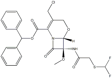 (6R,7R)-3-(Chloromethyl)-7-[2-(difluoromethylthio)acetylamino]-7-methoxy-8-oxo-5-oxa-1-azabicyclo[4.2.0]oct-2-ene-2-carboxylic acid diphenylmethyl ester 结构式