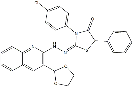 2-[2-[3-(1,3-Dioxolane-2-yl)quinoline-2-yl]hydrazono]-3-(4-chlorophenyl)-5-phenylthiazolidine-4-one 结构式