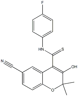 6-Cyano-3-hydroxy-N-(4-fluorophenyl)-2,2-dimethyl-2H-1-benzopyran-4-carbothioamide 结构式