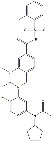 4-[6-(Cyclopentylacetylamino)-(2,3-dihydro-4H-1,4-benzoxazin)-4-ylmethyl]-3-methoxy-N-(2-methylphenylsulfonyl)benzamide 结构式