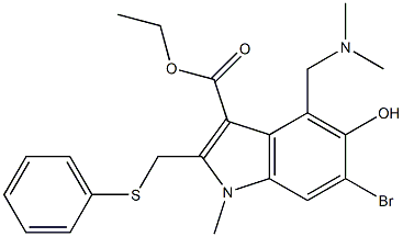 6-溴-5-羟基-4-二甲氨基甲基-1-甲基-2-苯基硫甲基吲哚-3-甲酸乙酯 结构式