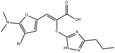 2-Propenoic  acid,  3-[4-bromo-5-(dimethylamino)-2-furanyl]-2-[(3-propyl-1H-1,2,4-triazol-5-yl)thio]-,  (2Z)- 结构式