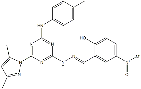 2-hydroxy-5-nitrobenzaldehyde [4-(3,5-dimethyl-1H-pyrazol-1-yl)-6-(4-toluidino)-1,3,5-triazin-2-yl]hydrazone 结构式