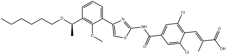(R)-(E)-3-(2,6-dichloro-4-{4-[2-methyloxy-3-(1-hexyloxyethyl)phenyl]thiazol-2-ylcarbamoyl}phenyl)-2-methylacrylic acid 结构式