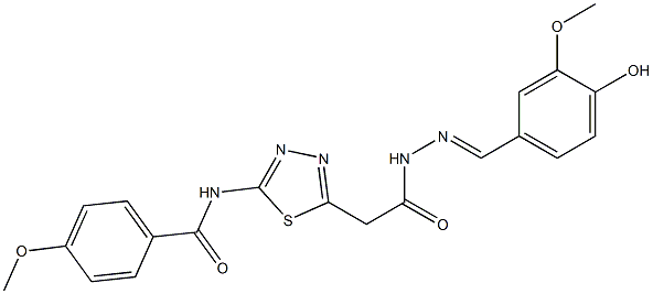 N-(5-{2-[2-(4-hydroxy-3-methoxybenzylidene)hydrazino]-2-oxoethyl}-1,3,4-thiadiazol-2-yl)-4-methoxybenzamide 结构式