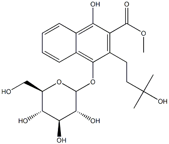 2-NAPHTHALENECARBOXYLIC ACID, 4-(D-GLUCOPYRANOSYLOXY)-1-HYDROXY-3-(3-HYDROXY-3-METHYLBUTYL)-, METHYL ESTER 结构式
