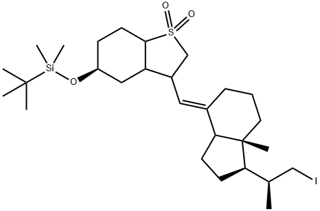 tert-Butyl-{3-[1-(2-iodo-1-methyl-ethyl)-7a-methyl-octahydro-inden-4-ylidenemethyl]-1,1-dioxo-octahydro-1l6-benzo[b]thiophen-5-yloxy
}-dimethyl-silane 结构式