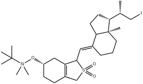 tert-Butyl-{3-[1-(2-iodo-1-methyl-ethyl)-7a-methyl-octahydro-inden-4-ylidenemethyl]-2,2-dioxo-2,3,4,5,6,7-hexahydro-1H-2l6-benzo[c]t
hiophen-5-yloxy}-dimethyl-silane 结构式