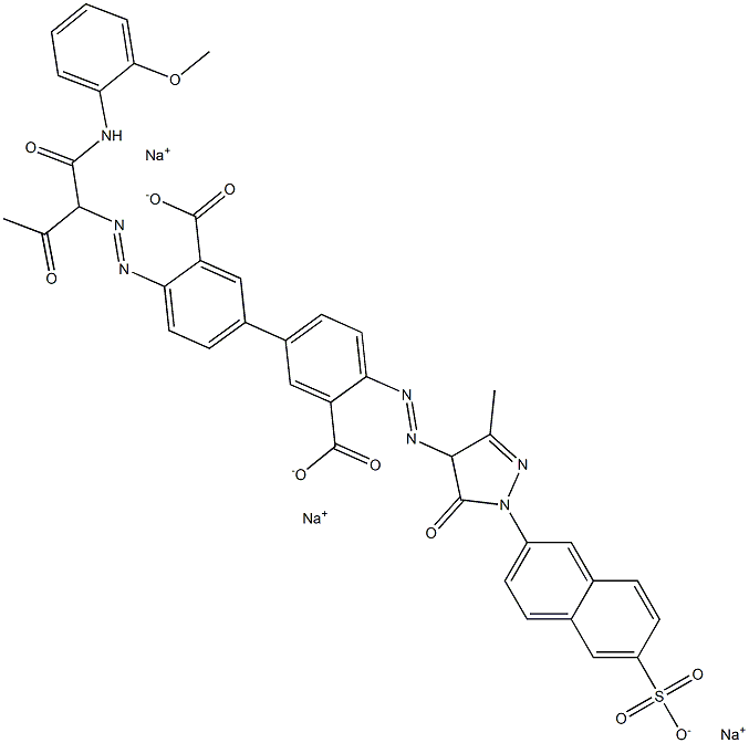 [1,1'-Biphenyl]-3,3'-dicarboxylic acid, 4-[[4,5-dihydro-3-methyl-5-oxo-1-(6-sulfo-2-naphthalenyl)-1H-pyrazol-4-yl]azo]-4'-[[1-[[(2-methoxyphenyl)amino]carbonyl]-2-oxopropyl]azo]-, trisodium salt 结构式