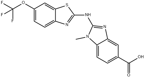 1-methyl-2-((6-(trifluoromethoxy)benzo[d]thiazol-2-yl)amino)-1H-benzo[d]imidazole-5-carboxylic acid 结构式