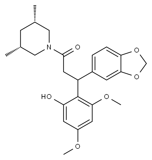 3-(1,3-Benzodioxol-5-yl)-1-(cis-3,5-dimethyl-1-piperidinyl)-3-(2-hydroxy-4,6-dimethoxyphenyl)-1-propanone 结构式