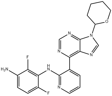 2,6-Difluoro-N1-(3-(9-(tetrahydro-2H-pyran-2-yl)-9H-purin-6-yl)pyridin-2-yl)benzene-1,3-diamine 结构式