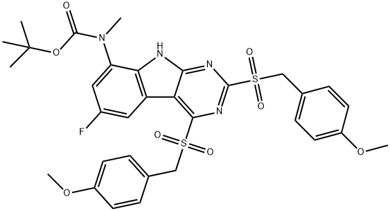 Carbamic acid, N-[6-fluoro-2,4-bis[[(4-methoxyphenyl)methyl]sulfonyl]-9H-pyrimido[4,5-b]indol-8-yl]-N-methyl-,1,1-dimethylethyl ester 结构式
