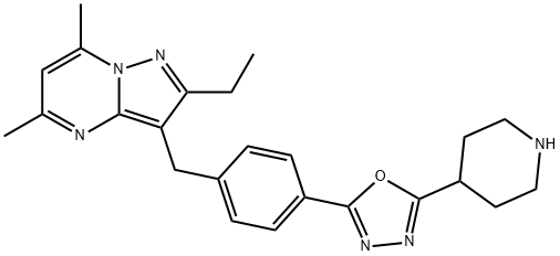 2-(4-((2-ethyl-5,7-dimethylpyrazolo[1,5-a]pyrimidin-3-yl)methyl)phenyl)-5-(piperidin-4-yl)-1,3,4-oxadiazole 结构式