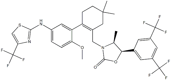 (4S,5R)-5-(3,5-bis(trifluoromethyl)phenyl)-3-((2-(2-methoxy-5-(4-(trifluoromethyl)thiazol-2-ylamino)phenyl)-5,5-dimethylcyclohex-1-enyl)methyl)-4-methyloxazolidin-2-one 结构式